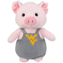 Pink plush pig wearing bib overalls with a Flying WV Logo