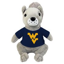 Grey plush squirrel wearing a navy tee with the Flying WV Logo