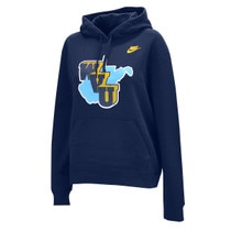 Navy Nike WVU women's hoodie with retro stacked WVU on top of the state of West Virginia as the full chest graphic