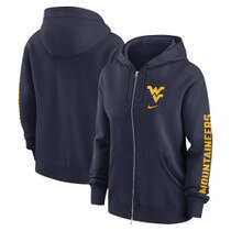 Front and back view of a navy Nike WVU women's full zip hoodie with a gold Flying WV on the left chest and gold Mountaineers verbiage down the lower left arm