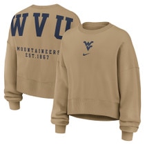 Front and back of the beige Nike WVU women's oversized crew with a small center front Flying WV screen print, a large WVU screen print across back shoulders over smaller Mountaineers over Est. 1867