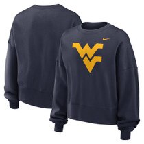Navy WVU Nike women's crew sweatshirt with an oversized Flying WV Logo full front screen print