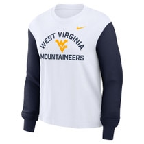 West Virginia Mountaineers design on women's Nike white with navy sleeves long sleeve tee