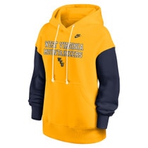 Gold women's Nike hoodie with Navy sleeves and West Virginia Mountaineers and WVU legacy logo full front design