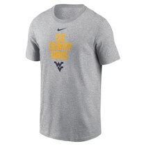 Grey Nike WVU tee with Cue Country Roads over the Flying WV Logo full front screen print