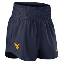 Navy Nike WVU women's shorts with a gold Flying WV on the lower right leg