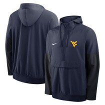 Front and back of the navy Nike WVU half zip anorak jacket with a Flying WV Logo screen print at left chest