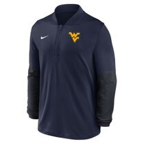 Front view of navy Nike lightweight quarter zip with Flying WV Logo at left chest