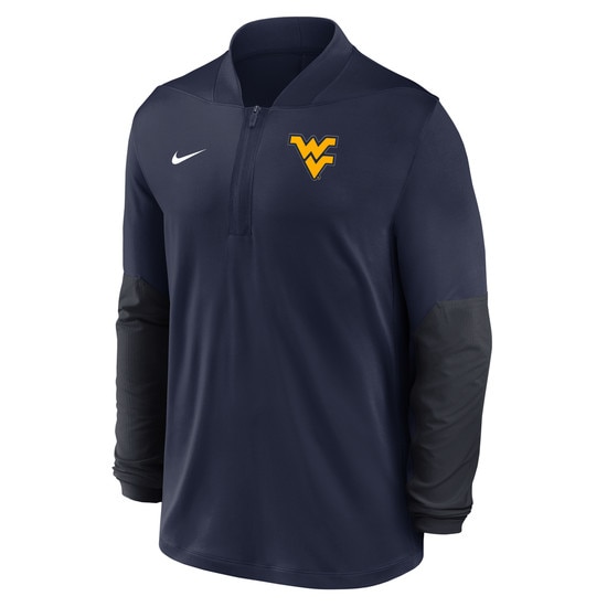 Front view of navy Nike lightweight quarter zip with Flying WV Logo at left chest