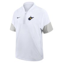 Front of the white Nike WVU short sleeve jacket with a tackle twill sewn on state of West Virginia with the Flying WV Logo screen print at left chest
