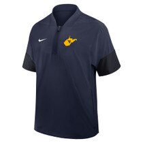 Front of the navy Nike WVU short sleeve jacket with Tackle twill sewn on state of West Virginia with the Flying WV Logo screen print at left chest