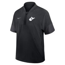 Front of the black Nike WVU short sleeve jacket with Tackle twill sewn on state of West Virginia and a Flying WV Logo screen print at left chest