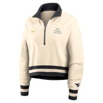 Front of Nike WVU natural women's cropped quarter zip fleece