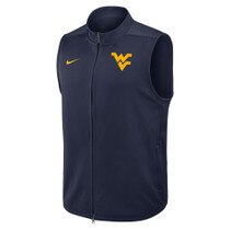 Front view of navy Nike Therma-FIT full zip victory vest with the Flying WV Logo at left chest