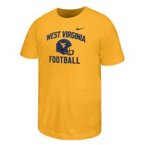 Gold Nike youth short sleeve tee with West Virginia Football design