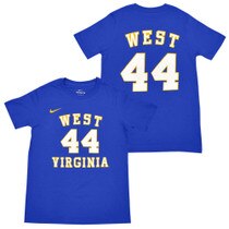 Royal blue Nike WVU youth Jerry West tee with West arched over 44 over Virginia full front screen print and West arched over 44 full back screen print