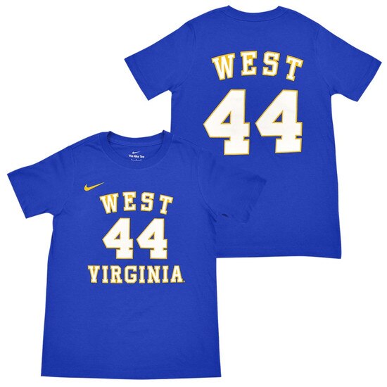 Royal blue Nike WVU youth Jerry West tee with West arched over 44 over Virginia full front screen print and West arched over 44 full back screen print