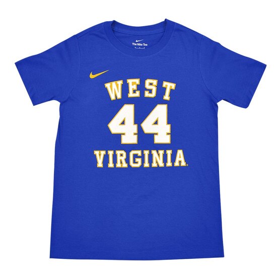Front of the royal blue Nike WVU youth Jerry West tee with West arched over 44 over Virginia full front screen print
