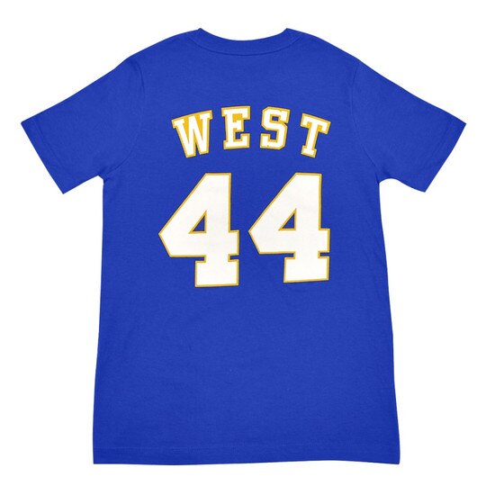 Back of the royal blue Nike WVU youth Jerry West tee with West arched over 44 full back screen print