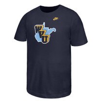 Nike WVU 1965 Throwback Logo screen print on navy youth short sleeve tee