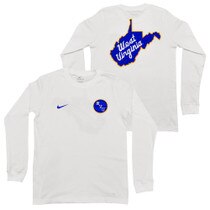 White WVU Nike youth Jerry West tee with diagonal WVU inside a circle left chest screen print, and a full back state of West Virginia icon with script West Virginia screen print
