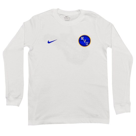 Front of the white WVU Nike youth Jerry West tee with diagonal WVU inside a circle left chest screen print