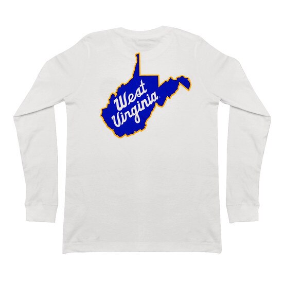 Back of the white WVU Nike youth Jerry West tee with a full back state of West Virginia icon with script West Virginia screen print