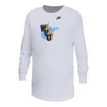 Nike WVU 1965 Throwback Logo screen print on white youth long sleeve tee