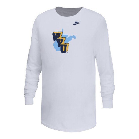 Nike WVU 1965 Throwback Logo screen print on white youth long sleeve tee