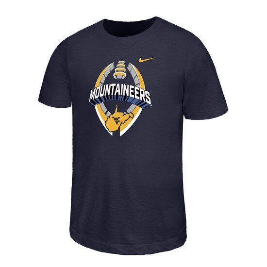 Navy Nike youth poly short sleeve tee with Mountaineer football design