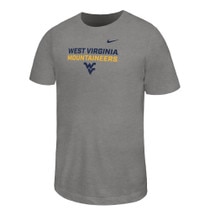 Heather grey Nike youth poly short sleeve tee with West Virginia Mountaineers design