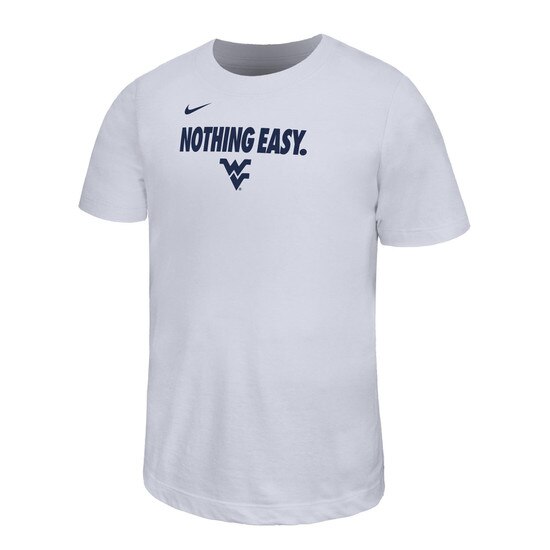 White Nike WVU youth tee with Nothing Easy over a Flying WV as the full front graphic