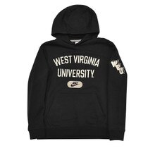 Flat lay of the black Nike WVU youth hoodie with a West Virginia arched over University full front screen print and a legacy slanted WVU Logo screen print on left sleeve