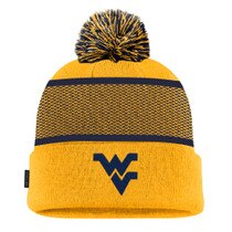 Front view of a navy and gold youth winter beanie with navy and gold pom pom on top and a navy embroidered Flying WV on the cuff.
