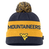 Navy and Gold Nike WVU youth winter beanie with a navy and gold pom pom, Mountaineers knit-in on gold stripe, and a embroidered Flying WV on the front cuff