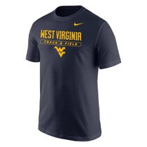 Navy Nike WVU with West Virginia over Track and Field over the Flying WV Logo full front screen print in gold
