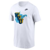 White Nike WVU tee with a 1965 WVU Helmet throwback logo full front screen print