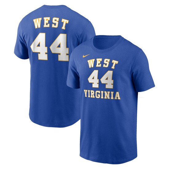 Royal blue Nike WVU Jerry West tee with West over #44 over Virginia on the front and West over #44 on the back