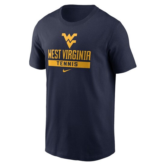 Navy WVU Nike tennis short sleeve tee with Flying WV Logo over West Virginia over Tennis full front screen print