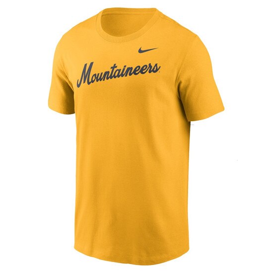 Gold Nike WVU tee with Mountaineers diagonal script screenprint on the chest