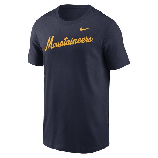 Navy Nike WVU tee with Mountaineers diagonal script screenprint on the chest