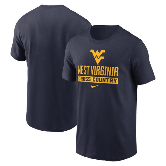 Front and back of the navy WVU short sleeve tee with Flying WV Logo over West Virginia over Cross Country full front screen print