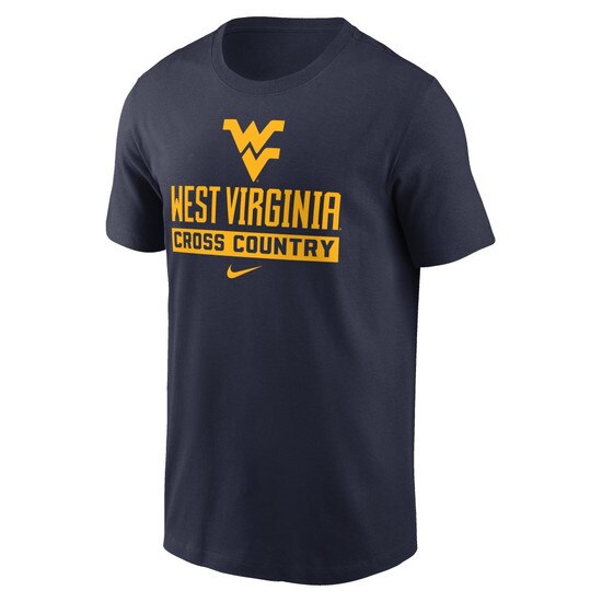 Front of the navy WVU short sleeve tee with Flying WV Logo over West Virginia over Cross Country full front screen print