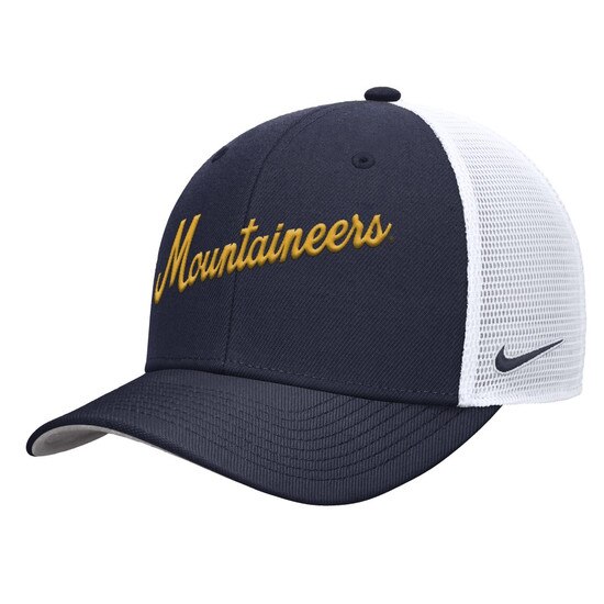 Navy Nike WVU trucker hat with navy front panels and bill, white mesh back panels, diagonal script Mountaineers embroidery on front panels and a Nike swoosh on the left side