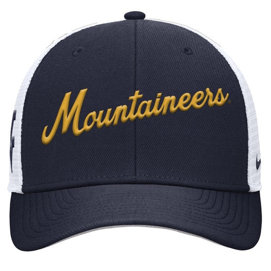 Navy Nike WVU trucker hat with navy front panels and bill, white mesh back panels, diagonal script Mountaineers embroidery on front panels