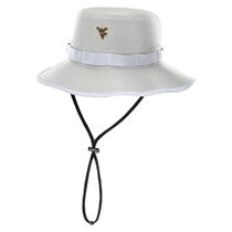 Front view of light grey Nike boonie hat with white trim and the Flying WV Logo on front
