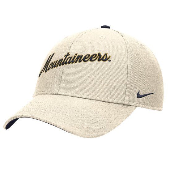 Natural Nike WVU hat with Mountaineers diagonal script embroidery on front panels and a navy Nike Swoosh on the left side