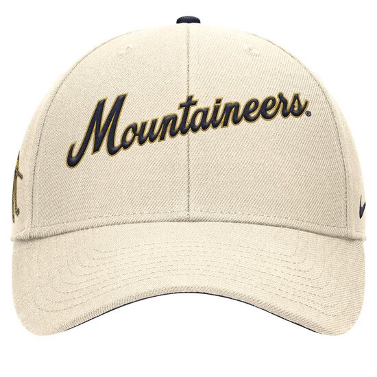 Natural Nike WVU hat with Mountaineers diagonal script embroidery on front panels