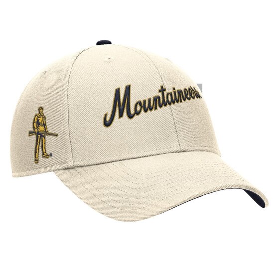 Natural Nike WVU hat with Mountaineers diagonal script embroidery on front panels and a Mountaineer icon embroidery on right side
