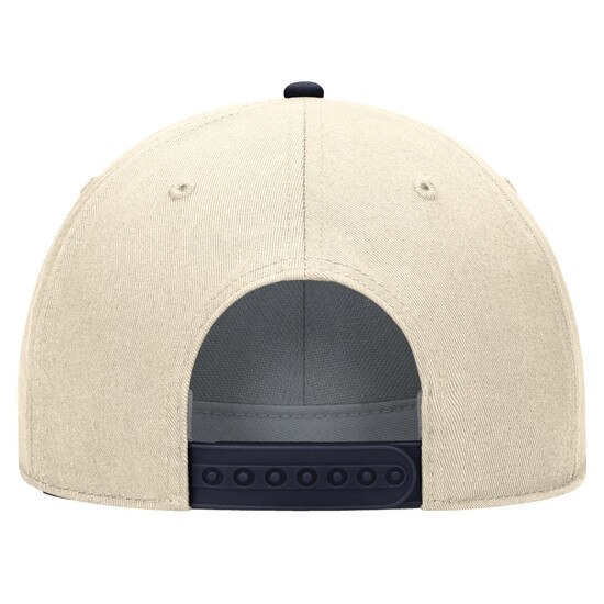 Back of the natural Nike WVU hat showing the navy plastic tab snapback closure